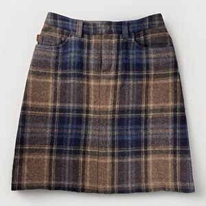 Vintage Eddie Bauer Wool Plaid Skirt Womens 6 Brown Blue A Line